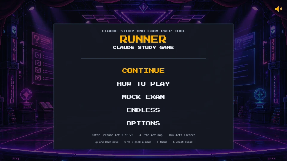 The Runner title menu with options for Continue, How to Play, Mock Exam, Endless and Options.