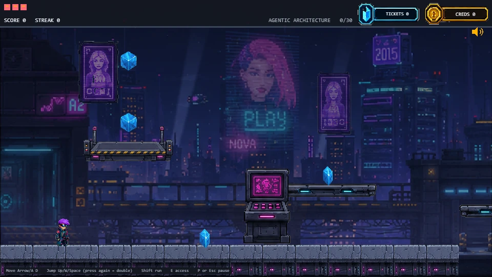 A stage from Act I: the purple-haired runner stands on a neon rooftop beside a question terminal, with data cubes to collect and a cyberpunk city behind.
